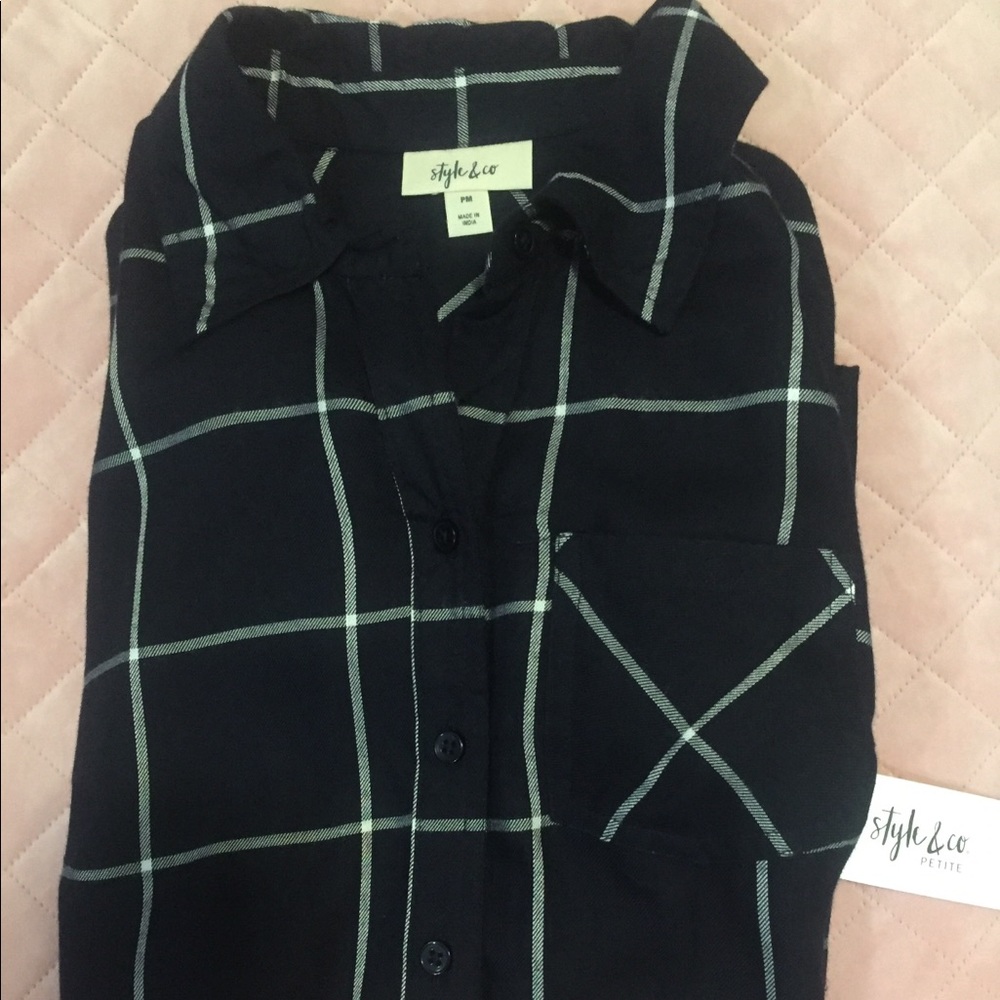 Petite M Navy Windowpane Plaid Check Shirt NWT - Picture 7 of 15
